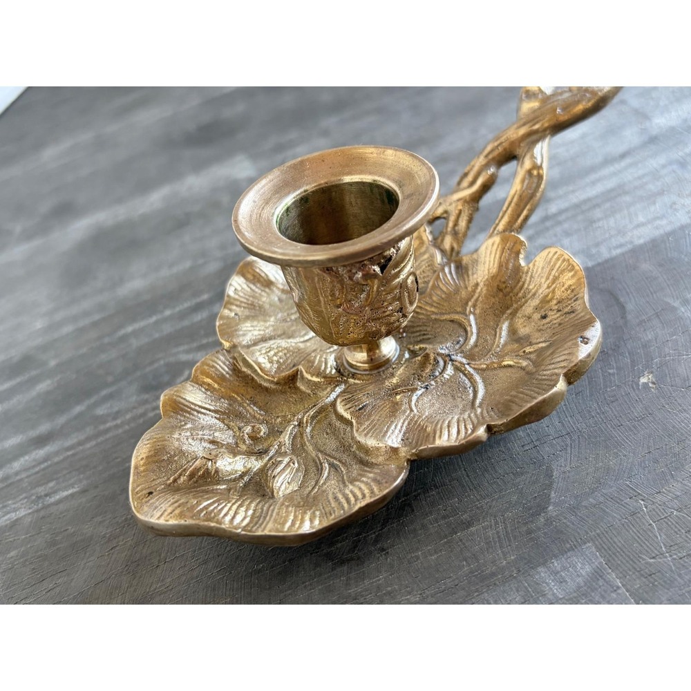 Vintage Brass Chamberstick Candle Holder Art Nouveau Triple Leaf Vine Handle